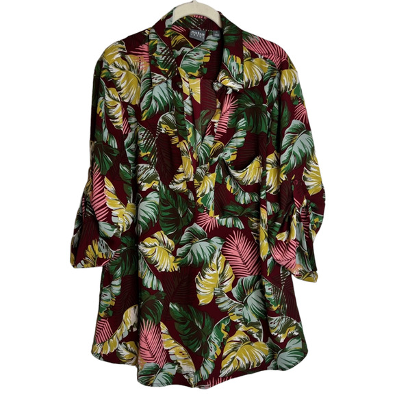 Soho Jeans Womens Blouse XL Dark Colors Tropical Palm Print Popover 3/4 Sleeve - Picture 1 of 7